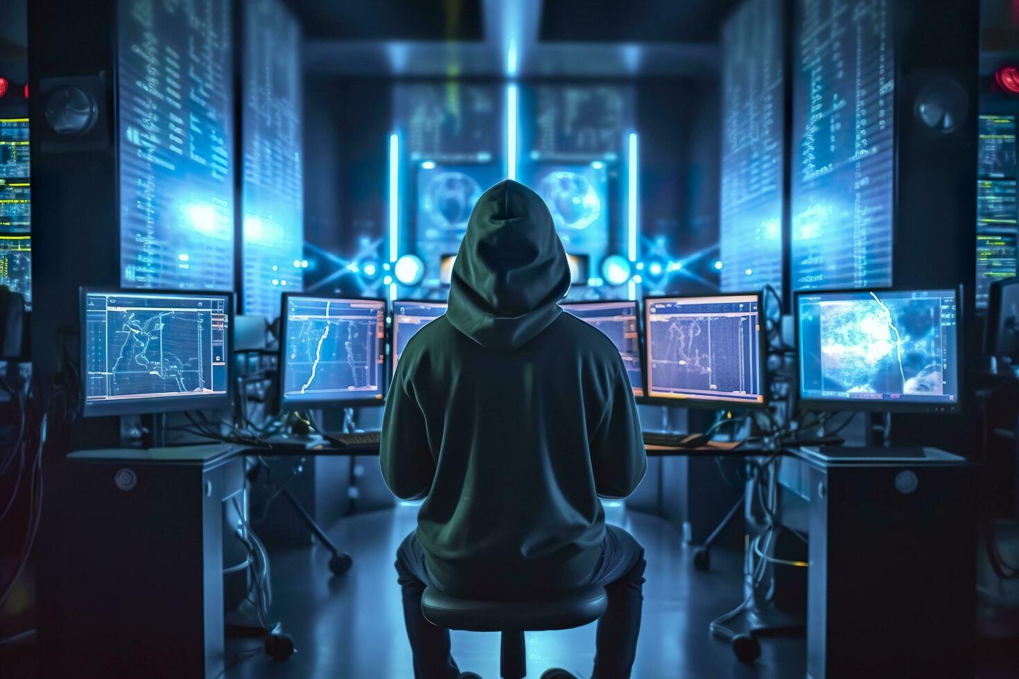 Back of anonymous robot hacker. Concept of hacking cybersecurity, cybercrime, cyberattack, etc. AI Generative photo