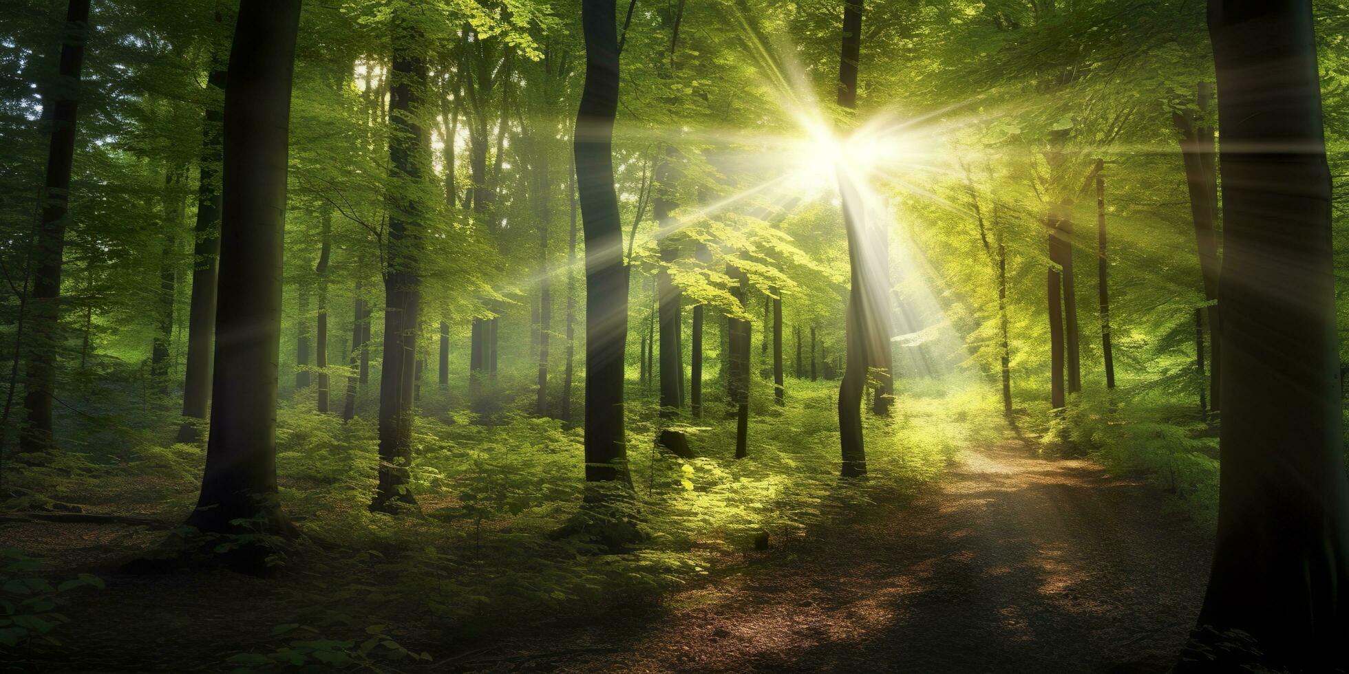 hermosa rayos de luz de sol en un verde bosque. generativo ai foto