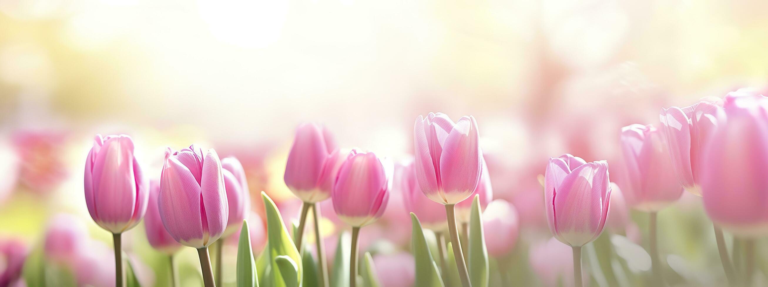 Beautiful pink Tulip on a blurred spring sunny background. Generative AI photo
