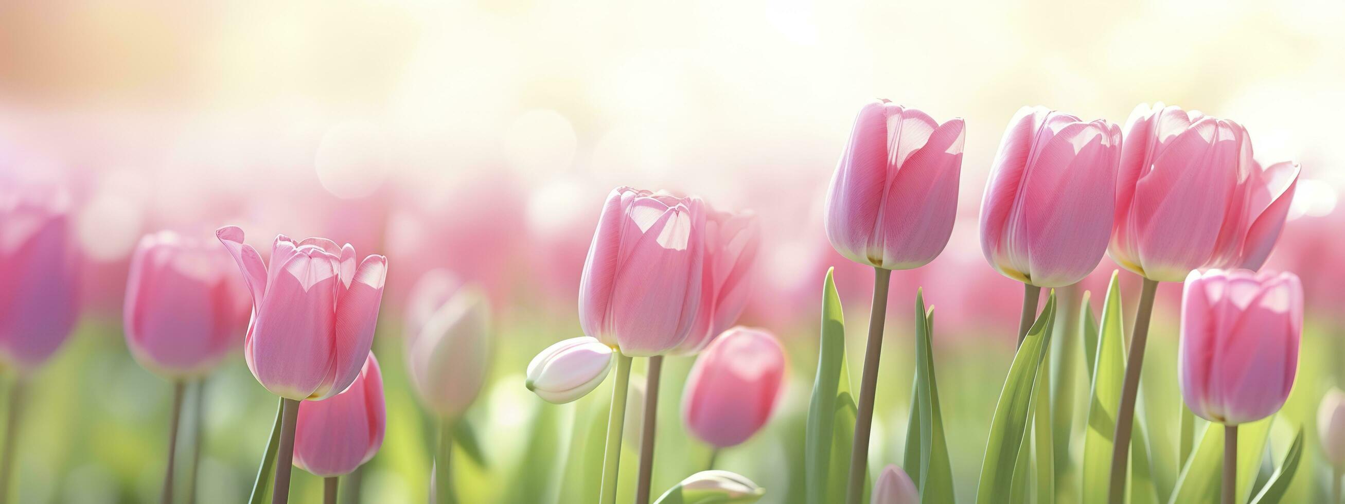 Beautiful pink Tulip on a blurred spring sunny background. Generative AI photo