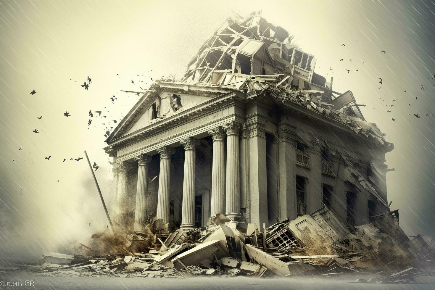 Bank collapse. A bank or financial institution, going down failing or collapsing. Generative AI photo