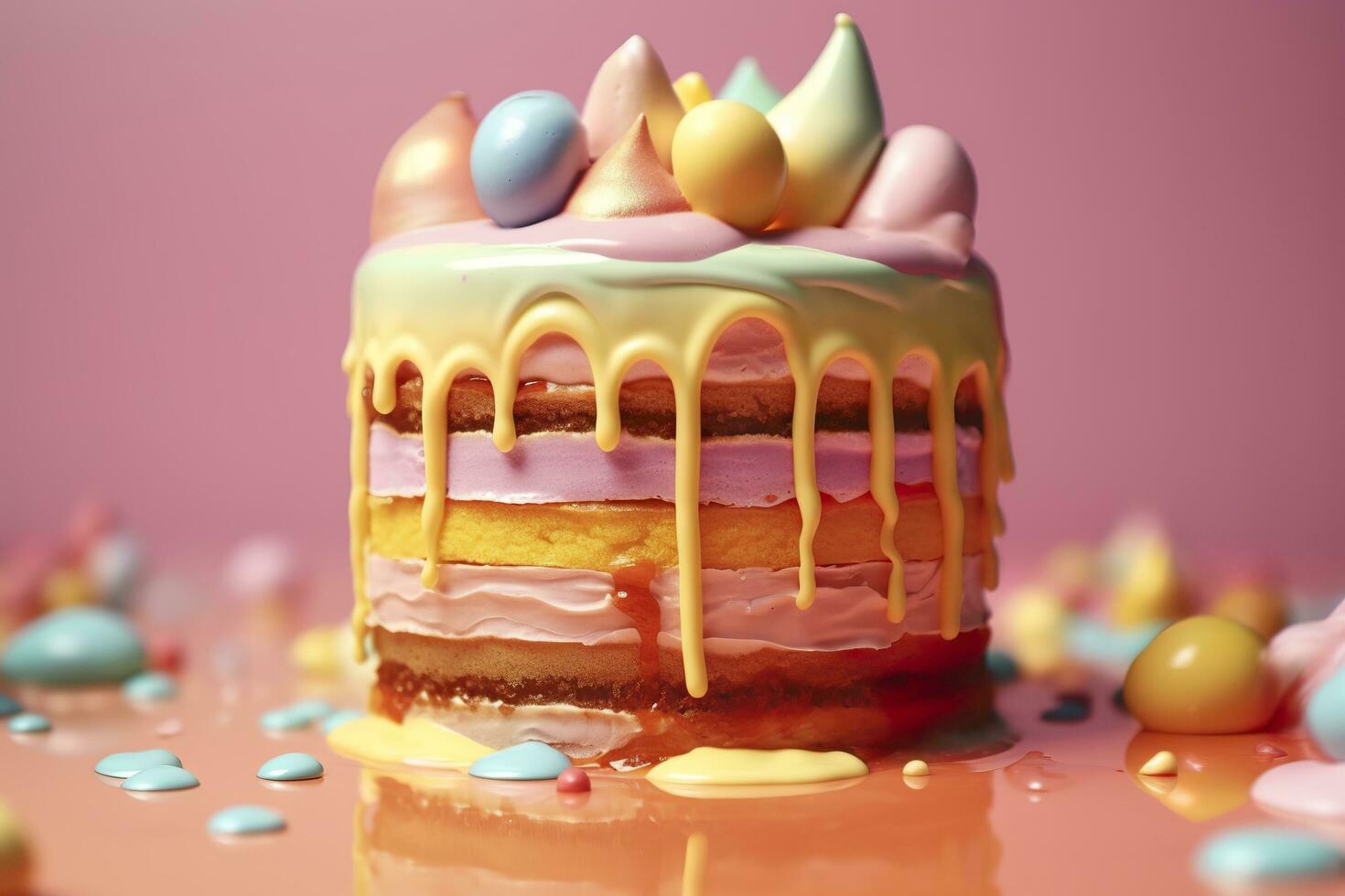 Colorful birthday cake on pastel background. Sweet and delicious Happy Birthday cake, copy space. Celebration concept. AI Generative photo