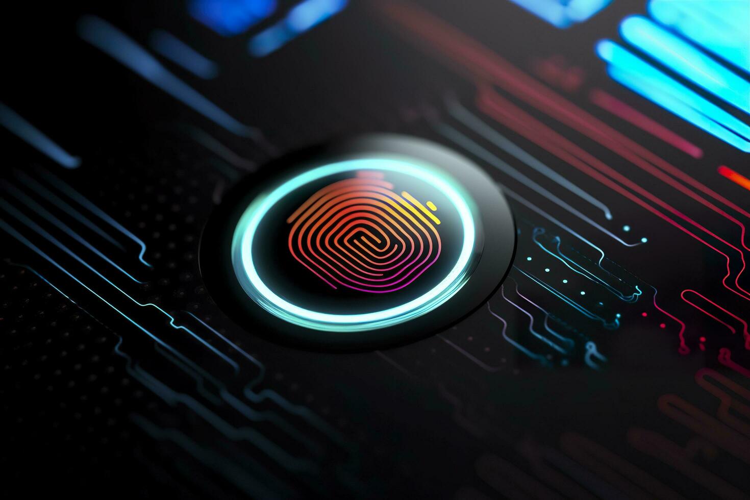 Fingerprint Authentication Button. Biometric Security. Identification and cyber security concept. Glowing neon fingerprint on dark background. AI Generative photo