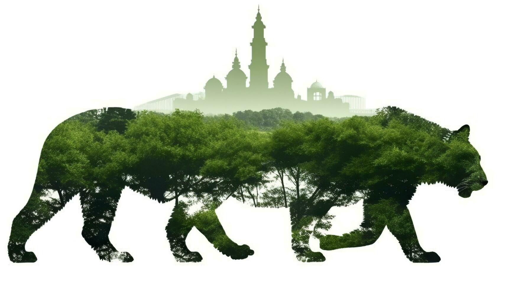 Double expose silhouette of a tiger standing, in the style of photocollage, eco, architecture, AI Generative photo