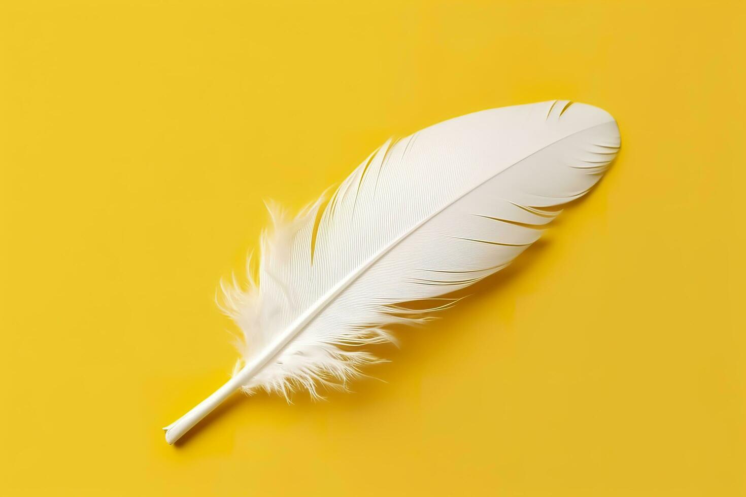Close up of bright white feather. Copy space, yellow background. Fashion and Party concept. AI Generative photo