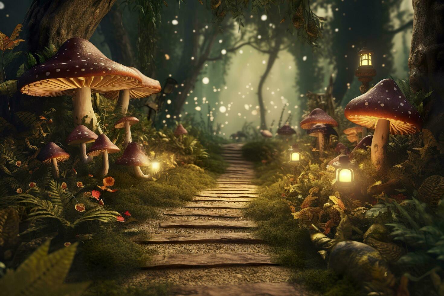 background fairy wood with a single path, zoom on a small portion of the path and add trees, moss, fireflies and mushrooms as additional decorations. AI Generative photo