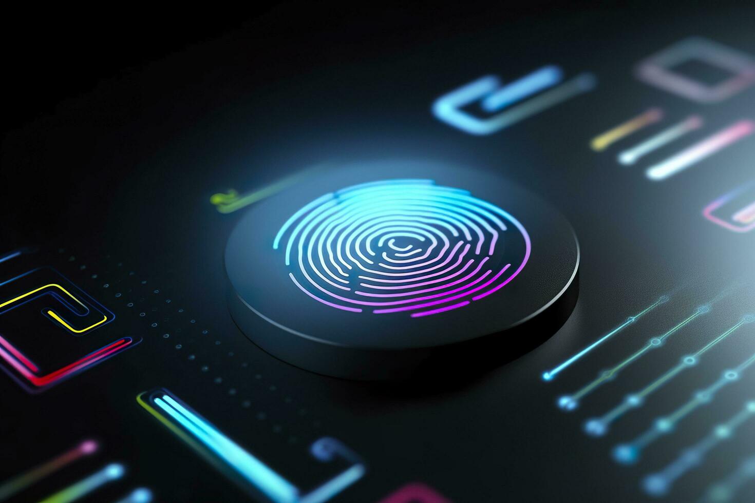 Fingerprint Authentication Button. Biometric Security. Identification and cyber security concept. Glowing neon fingerprint on dark background. AI Generative photo