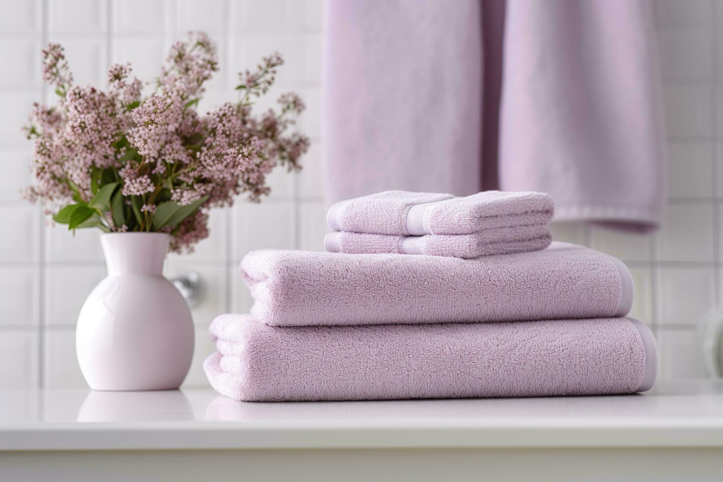 the world's softest towels against a minimalistic background. Stacked white towels sit on top of a soap dish in a bathroom. AI Generative photo