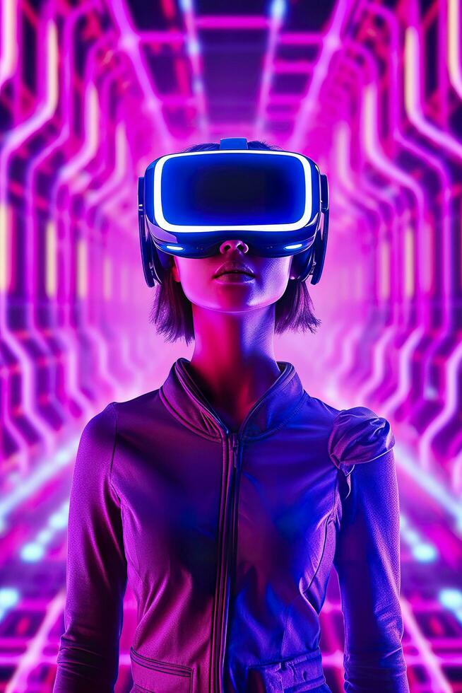 A young Asian woman is using a virtual reality headset. Neon light studio portrait. Concept of virtual reality, simulation, gaming, and future technology.  AI Generative photo