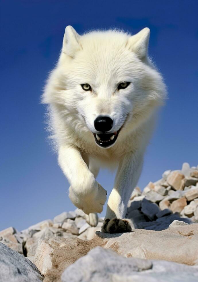The Wolf Gaze, A Moment of Life in the Arctic Wilderness. AI Generative photo