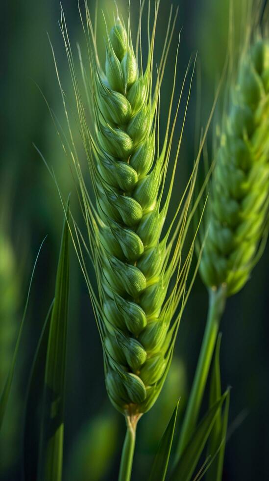 Green barley spike closeup, Green wheat, full grain, Close up of an ear of unripe wheat, AI Generative photo