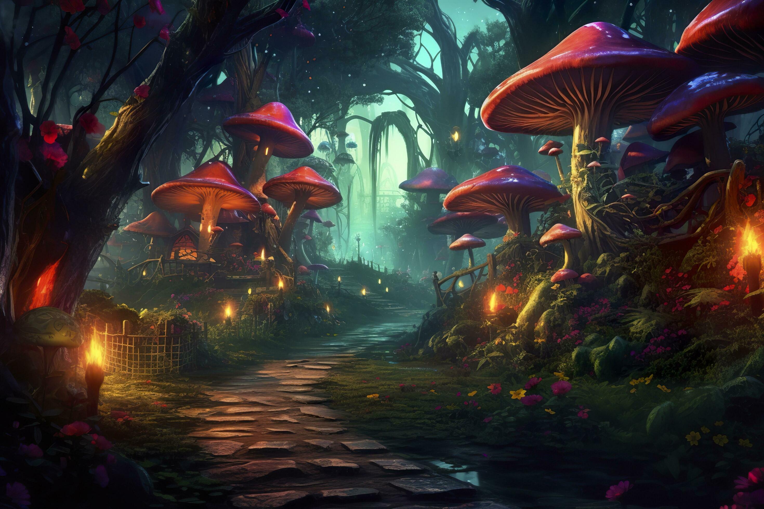 the forest is lit up with mushrooms and flowers, in the style of realistic fantasy  artwork, fantastical street, dark emerald and light cyan, AI Generative  28288900 Stock Photo at Vecteezy
