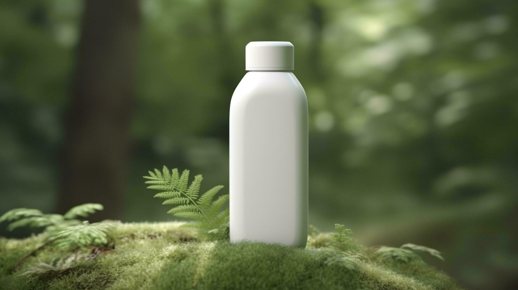 natural cosmetic product presentation backstage. outdoors forest placement. white blank jar shampoo bottle. 3d. AI Generative photo