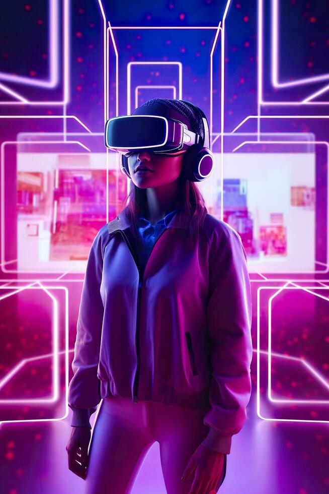 A young Asian woman is using a virtual reality headset. Neon light studio portrait. Concept of virtual reality, simulation, gaming, and future technology.  AI Generative photo