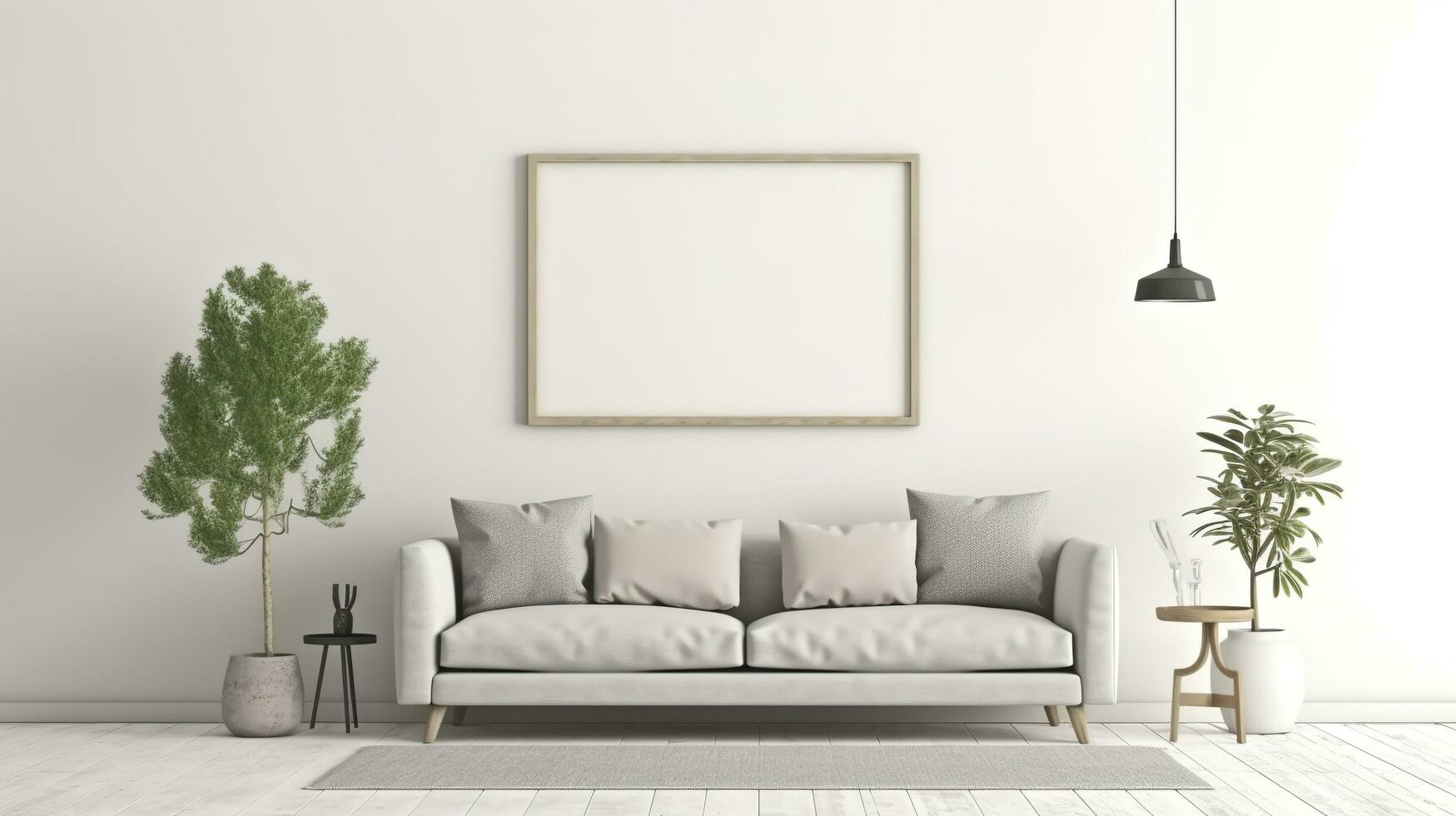 Modern cozy mock up and decoration furniture of living room and empty canvas frame on the white wall texture background, 3D rendering. AI Generative photo