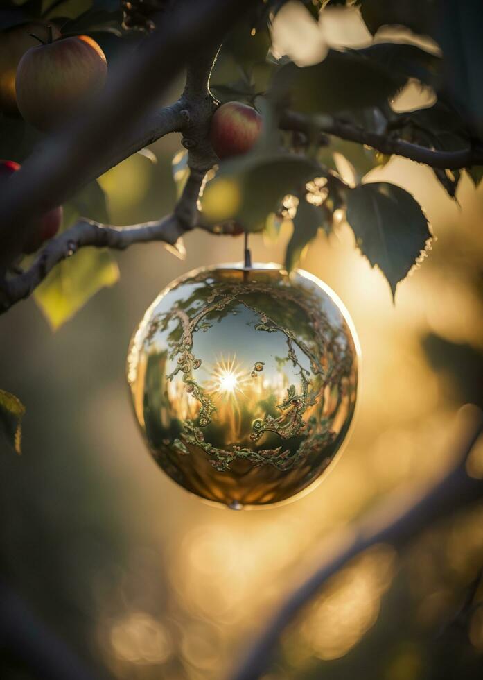 close up, photo of a mirror apple hanging in an apple tree,  AI Generative