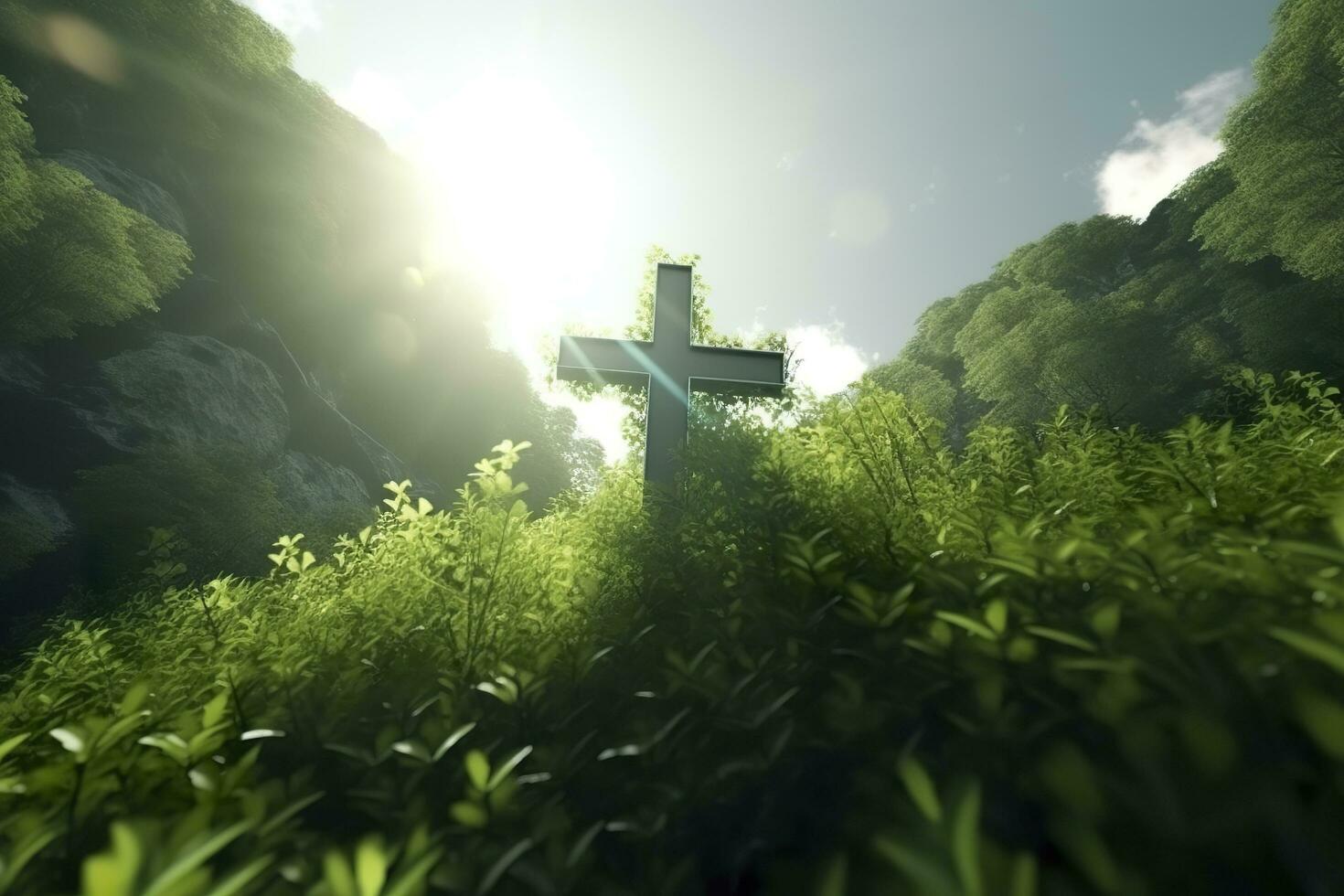 The cross of God with green Leaf, in the rays of the sun and blue sky. Cross on the hill with green trees and graeen natural view. Religious concept, AI Generative photo