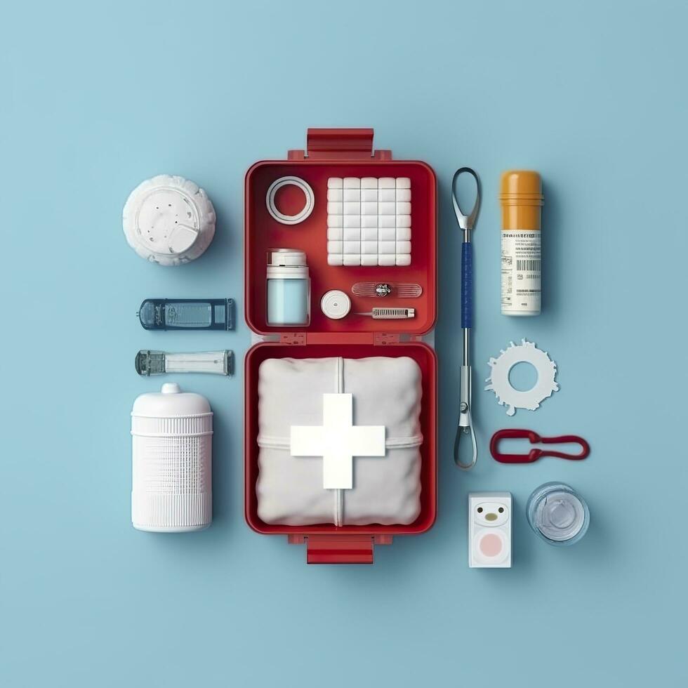 First aid kit top view on a blue background. Pills, plaster, thermometer, bandage, are laid out nearby, 3d render, AI Generative photo