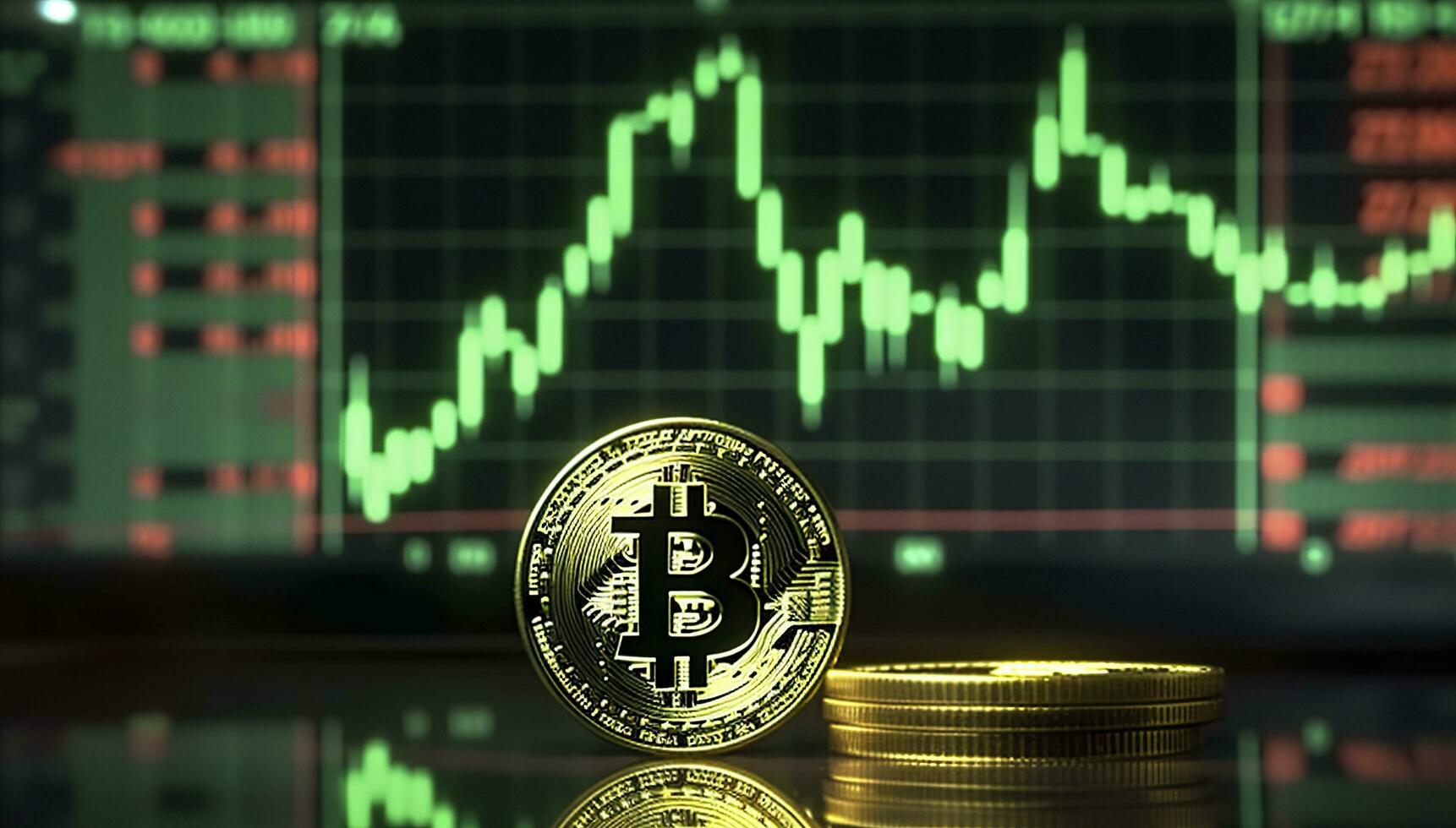 Bitcoin with green graph on computer screen background, Crypto currency trading. AI Generative photo