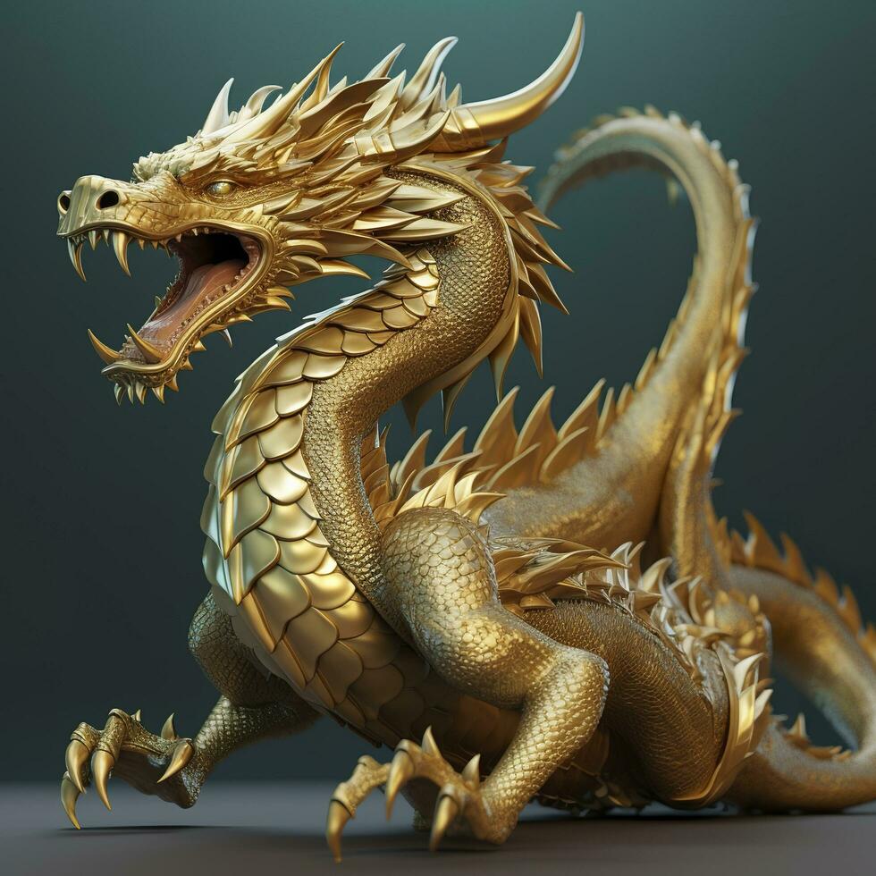 Golden dragon statue. Chinese dragon made of gold. AI Generative photo