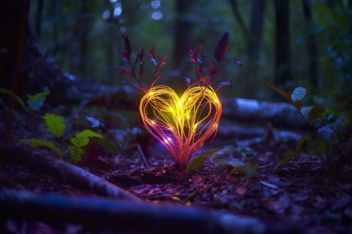 Glowing bioluminescent plant shaped like a human heart, in a mysterious forest. Generative AI photo