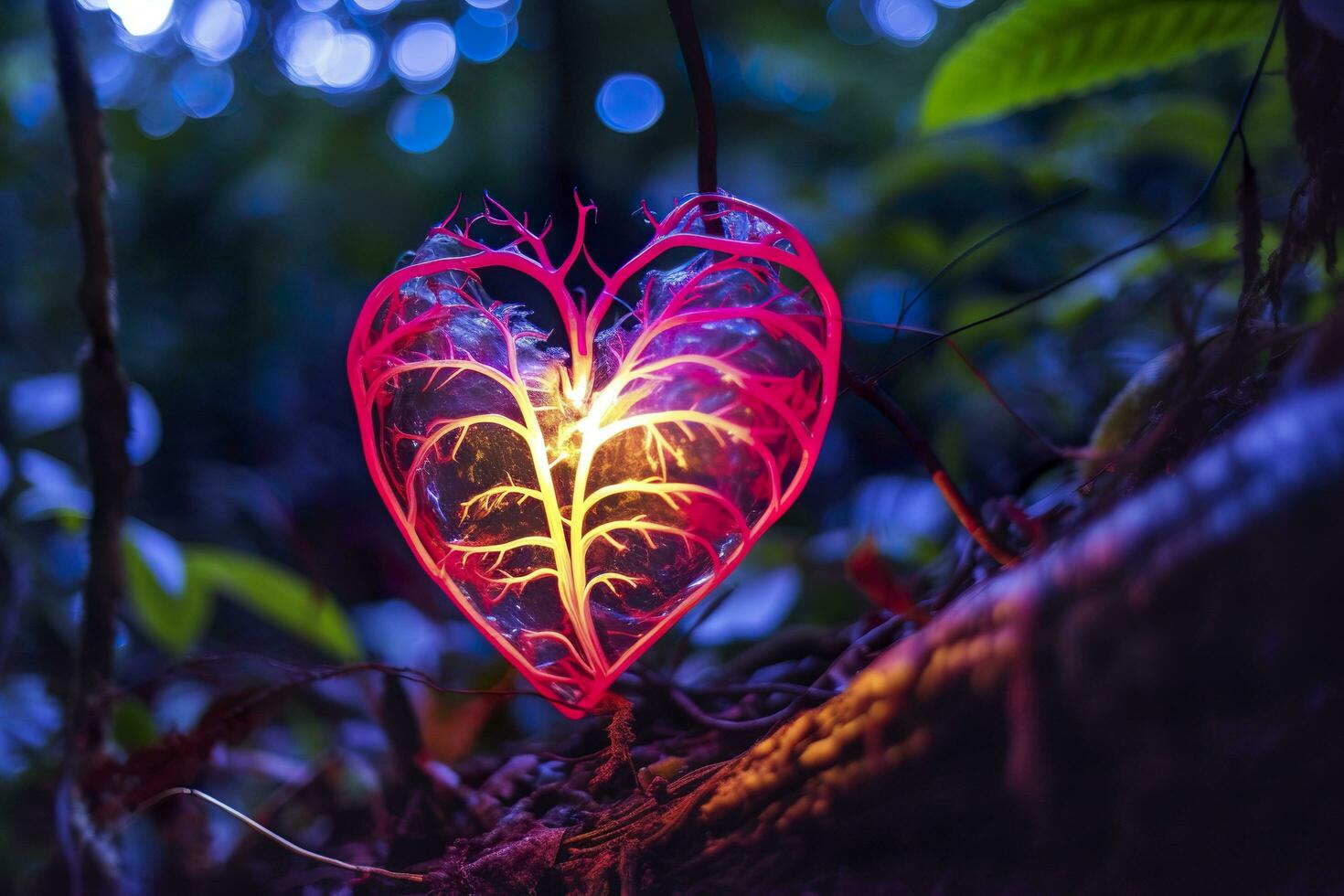 Glowing bioluminescent plant shaped like a human heart, in a mysterious forest. Generative AI photo