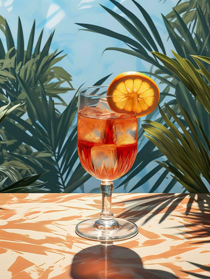 Aperol spritz summer drink in glass with shadows, tropical background. Generative AI photo