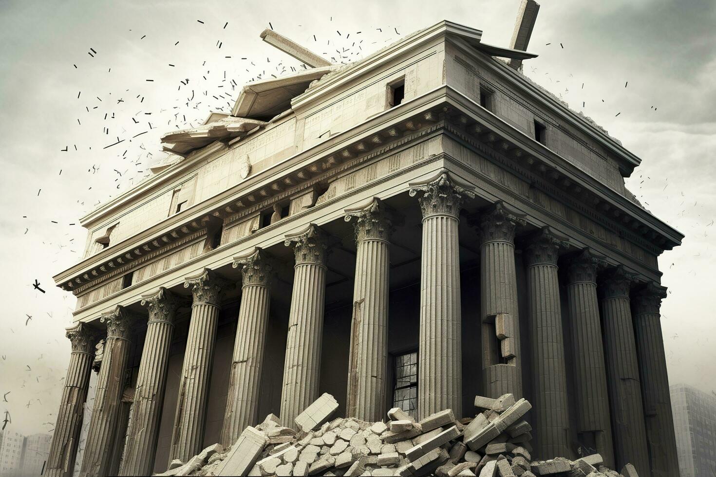 Bank collapse. A bank or financial institution, going down failing or collapsing. Generative AI photo