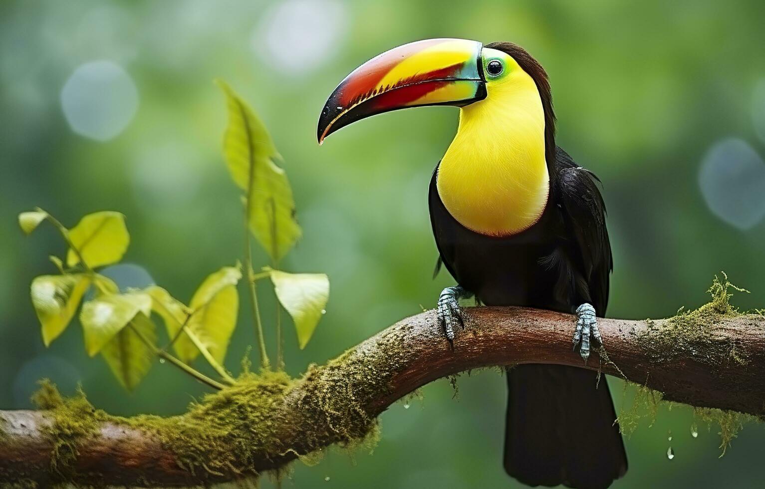 Chesnut mandibled Toucan sitting on the branch in tropical rain with a green jungle. Generative AI photo