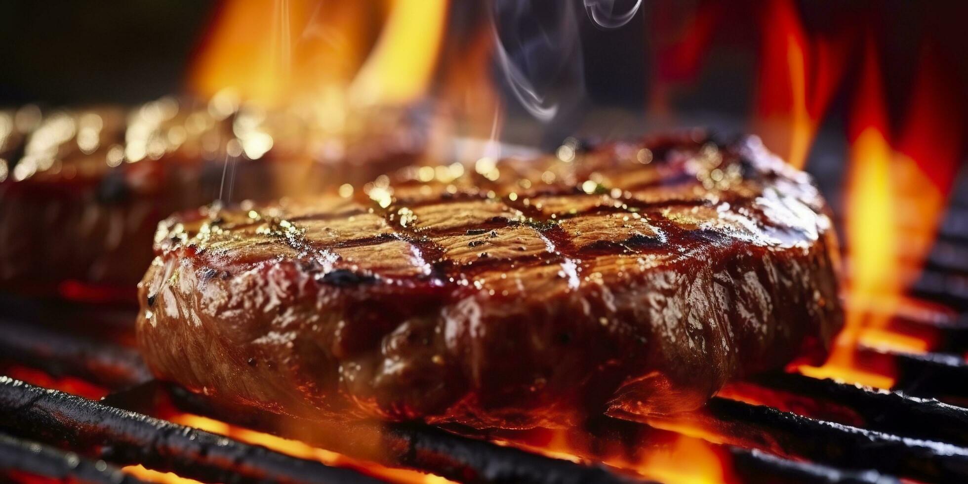 Beef ribeye steak grilling on a flaming grill. Generative AI photo