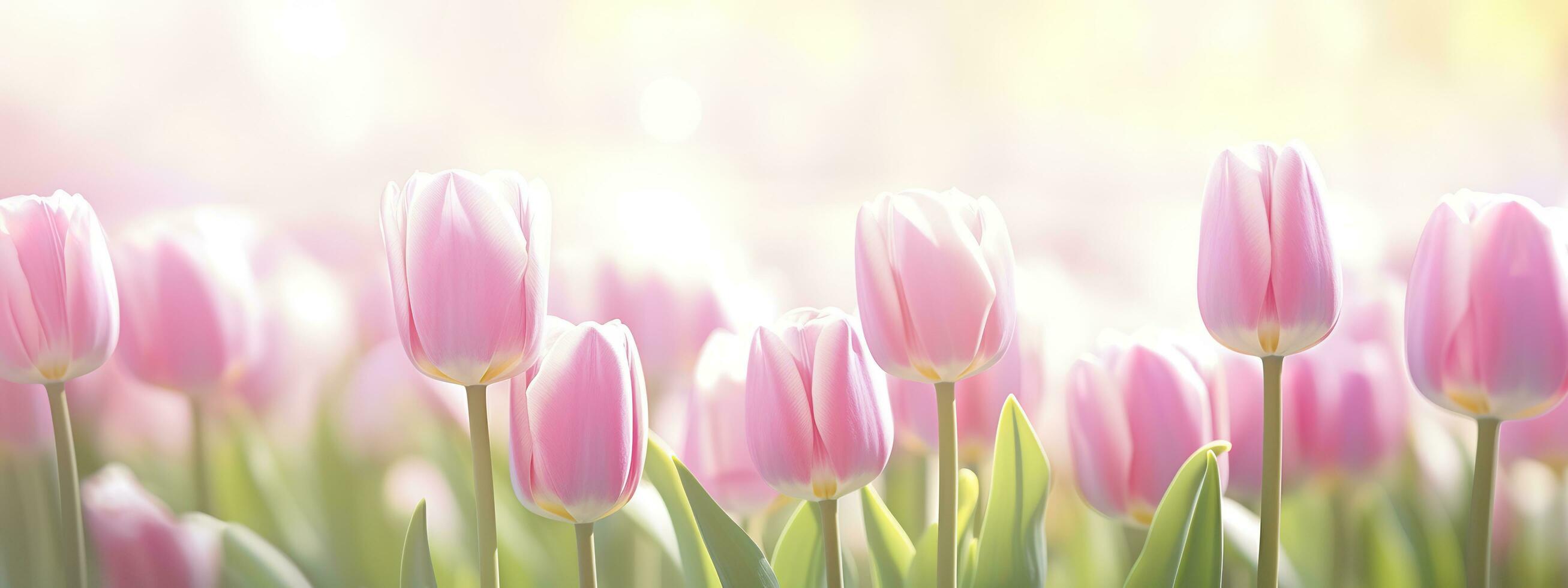 Beautiful pink Tulip on a blurred spring sunny background. Generative AI photo