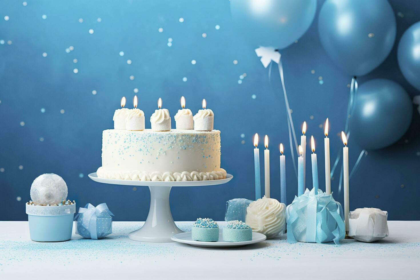 Birthday cake with candles and sweets on white table near blue wall. Generative AI photo