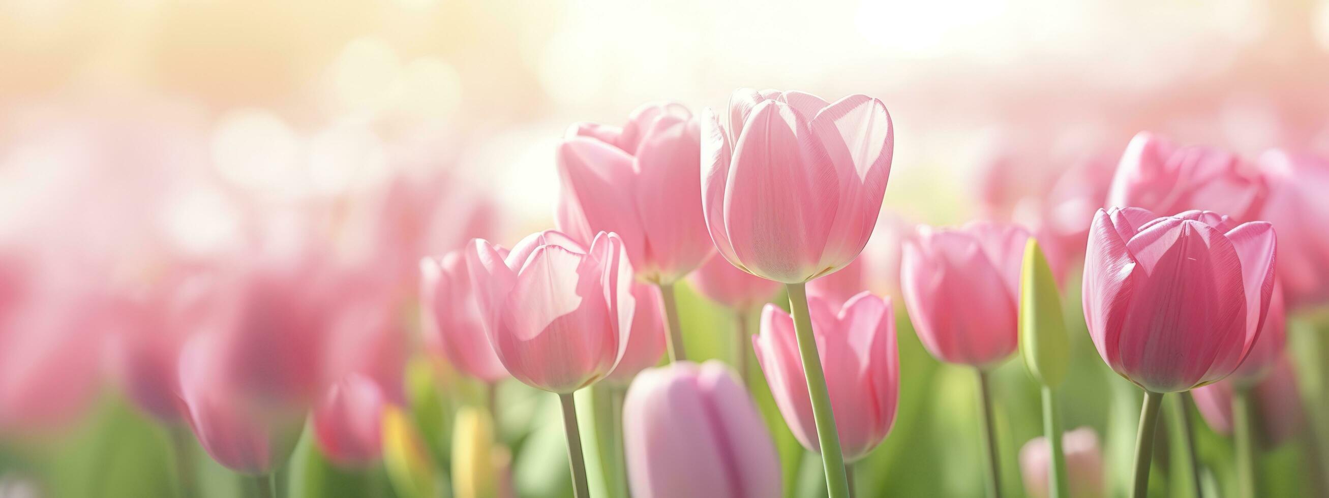Beautiful pink Tulip on a blurred spring sunny background. Generative AI photo