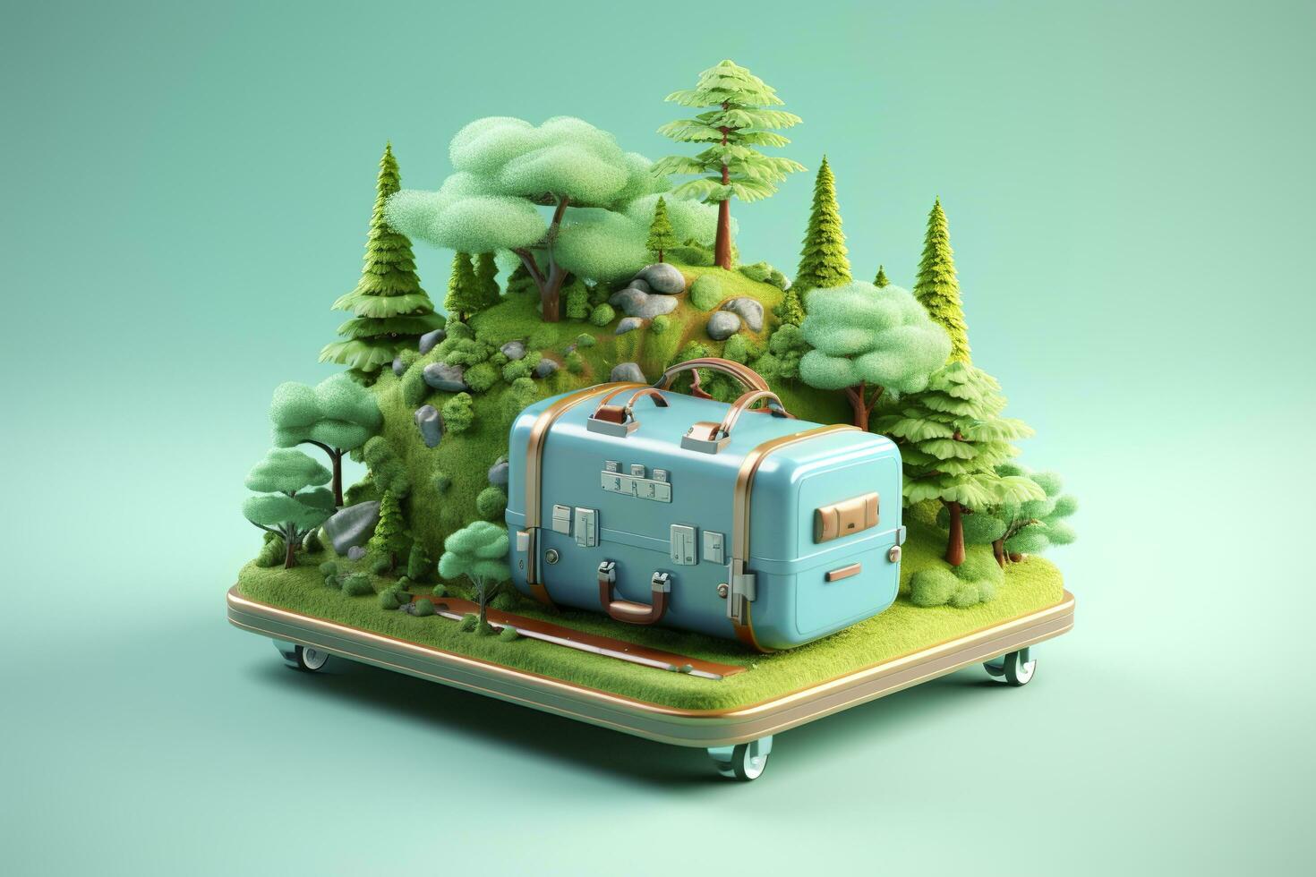 Surreal 3D Landscape Illustration of a Forest River with Luggage in Light Green and Light Blue. AI Generative photo