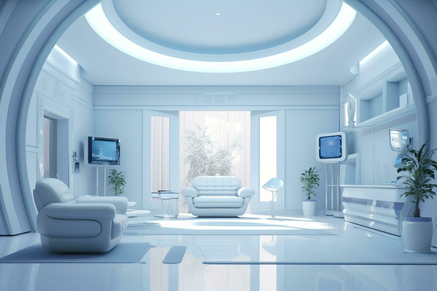 A professional and eye catching light blue with white living room in the metaverse.  AI Generative photo