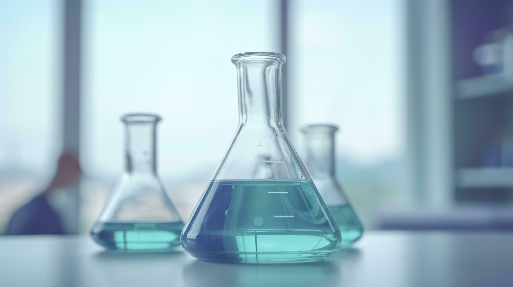 A Science Beaker in the laboratory on a table white and light blue background. laboratory equipment out of focus. AI Generative photo