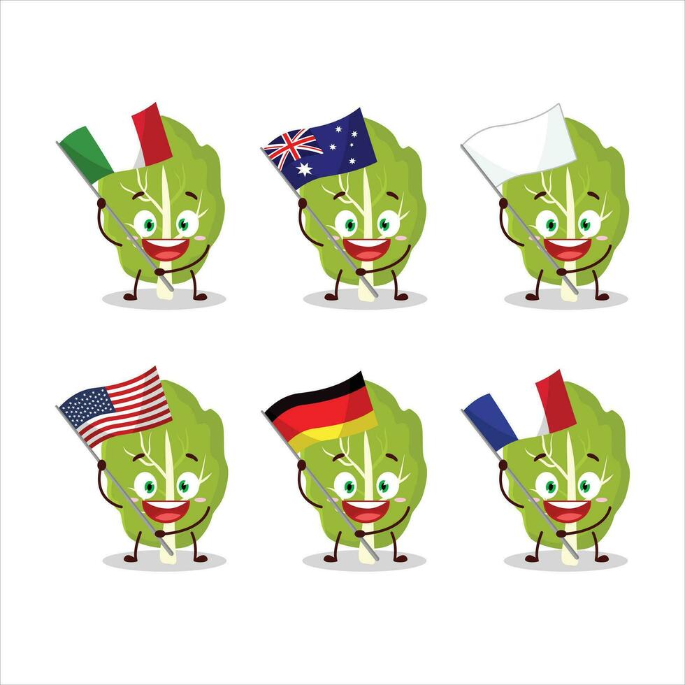 Collard greens cartoon character bring the flags of various countries vector
