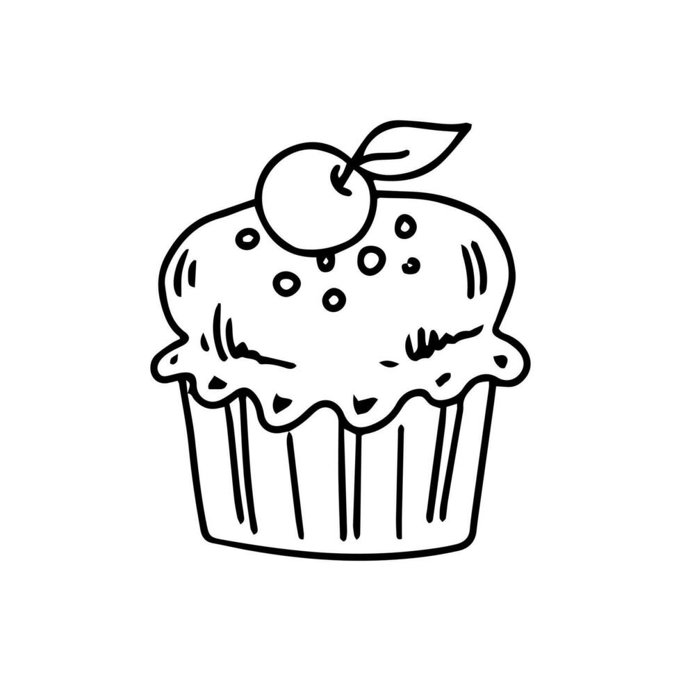 Cupcake with a cherry on top in doodle style on a white background. Festive concept. Hand drawn vector outline sketch icon.