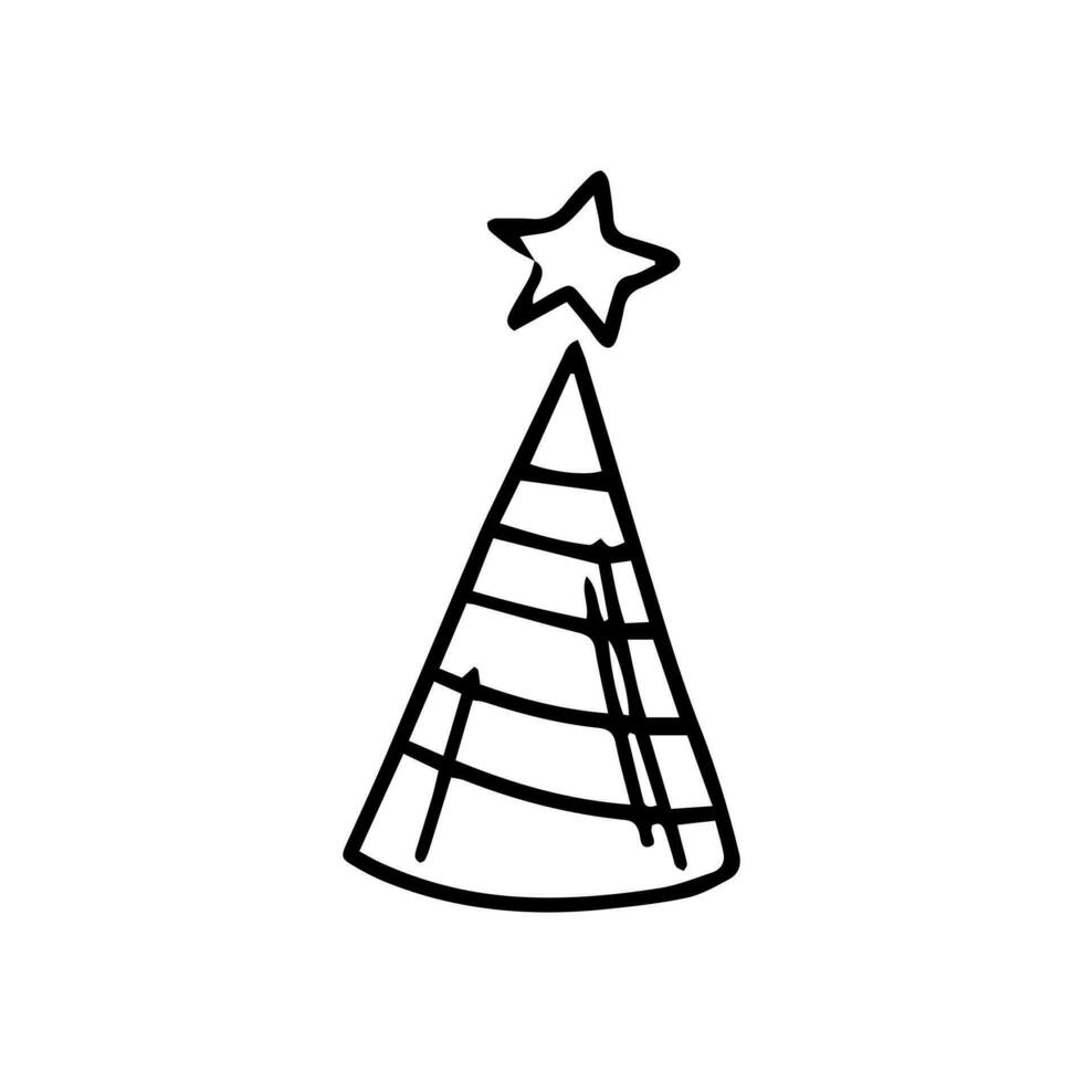 Cone party hat in doodle style on a white background. Festive concept. Hand drawn vector outline sketch icon.