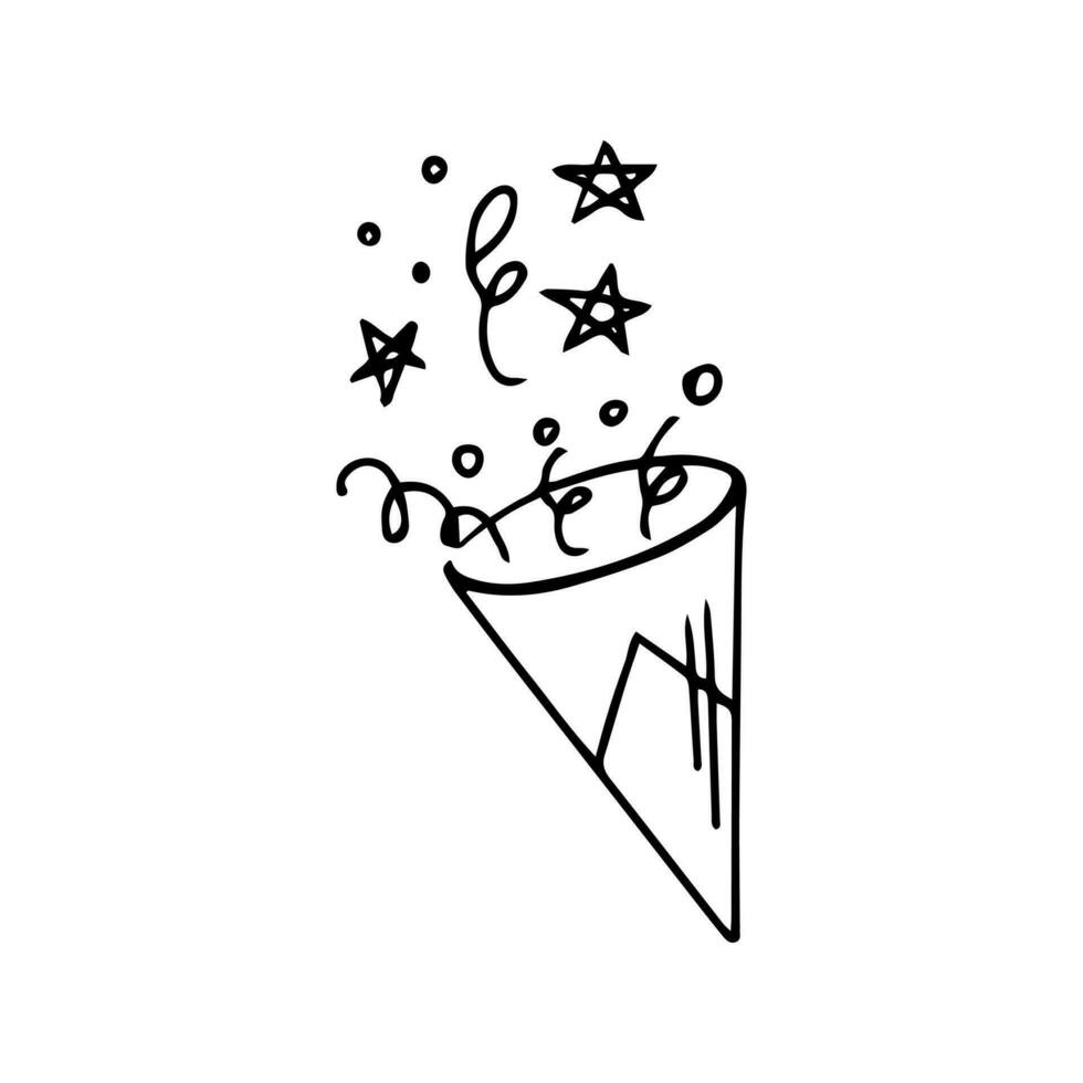 Festive firecracker with flying confetti for birthday or new year in doodle style on a white background. Festive concept. Hand drawn vector outline sketch icon.