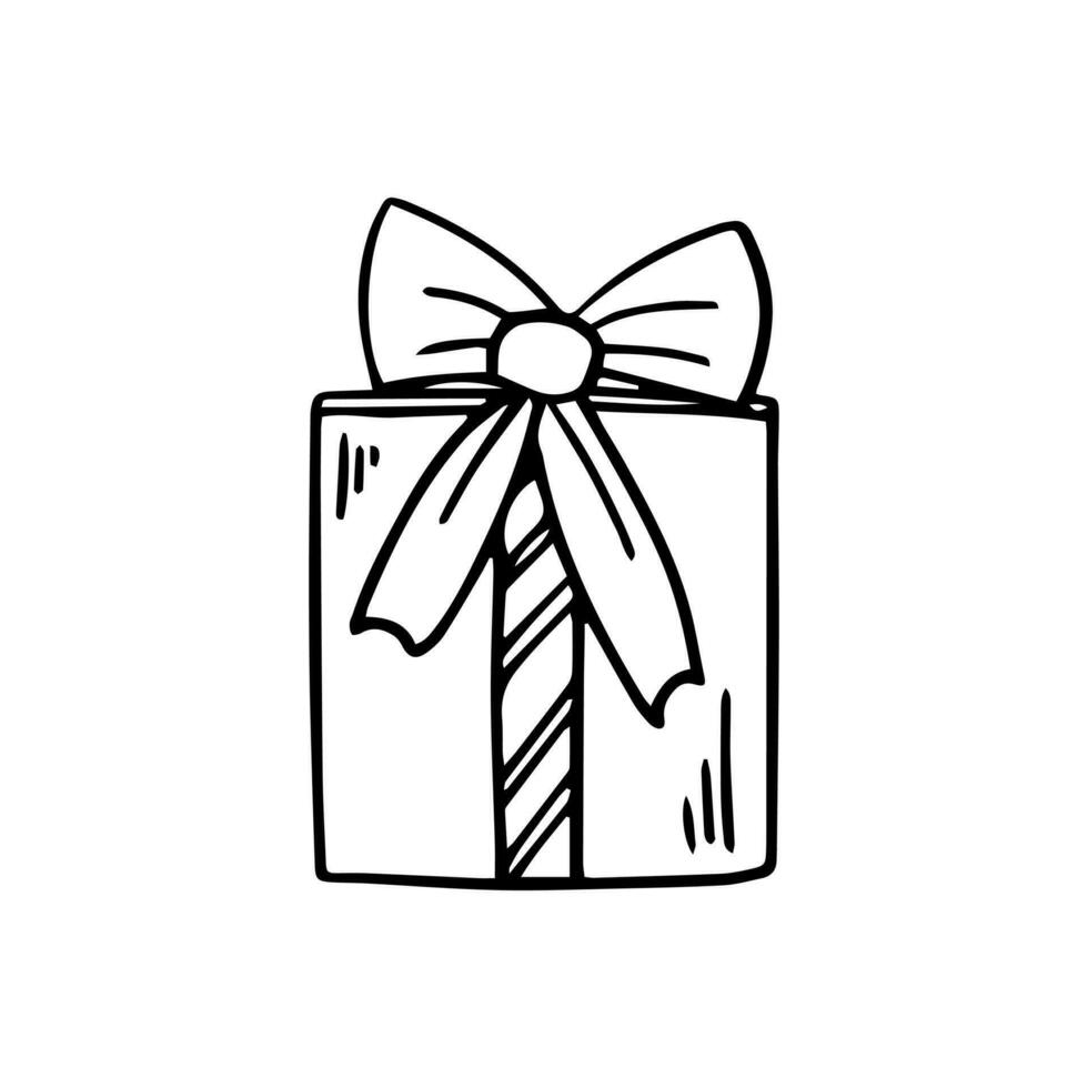 Gift Box in doodle style on a white background. Festive concept. Hand drawn vector outline sketch icon.