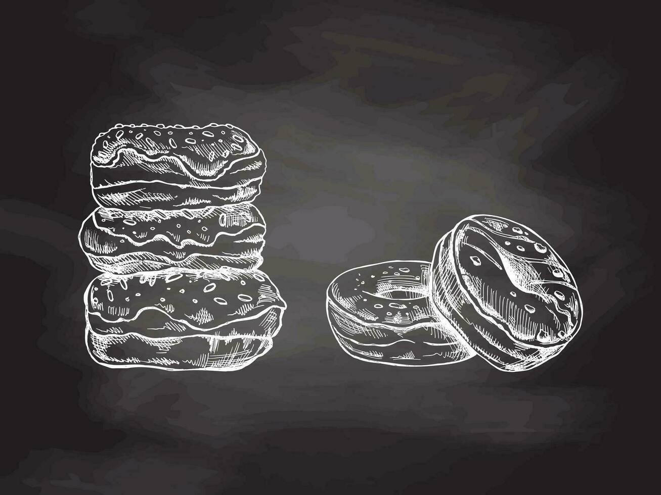 A set of hand-drawn sketches of donuts isolated on chalkboard background. Vintage illustration. Pastry sweets, dessert. Element for the design of labels, packaging and postcards. vector