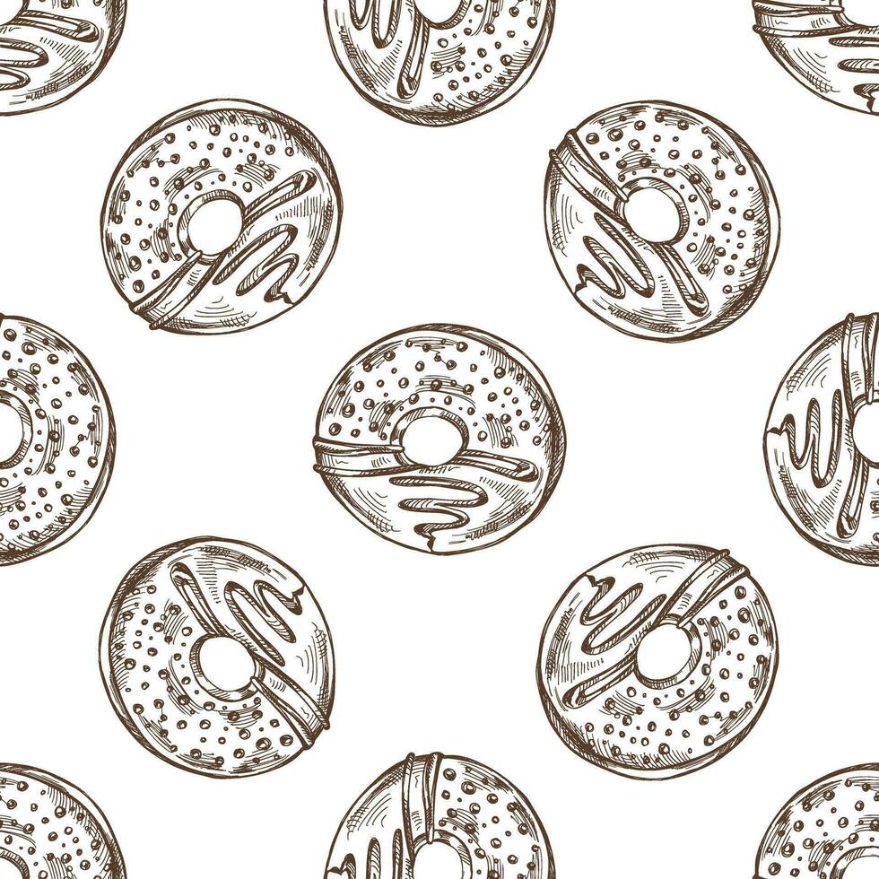 Seamless pattern of donut. Hand drawn doughnut sketch. Vintage illustration. Pastry sweets, dessert. Element for the design of labels, packaging and postcards. vector