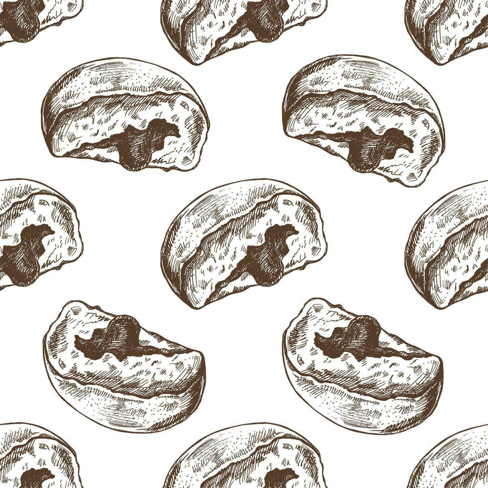 Seamless pattern of a traditional German or Polish donut with jam, dusted. Hand drawn sketch. Vintage illustration. Pastry sweets, dessert. Element for the design of labels, packaging and postcards. vector