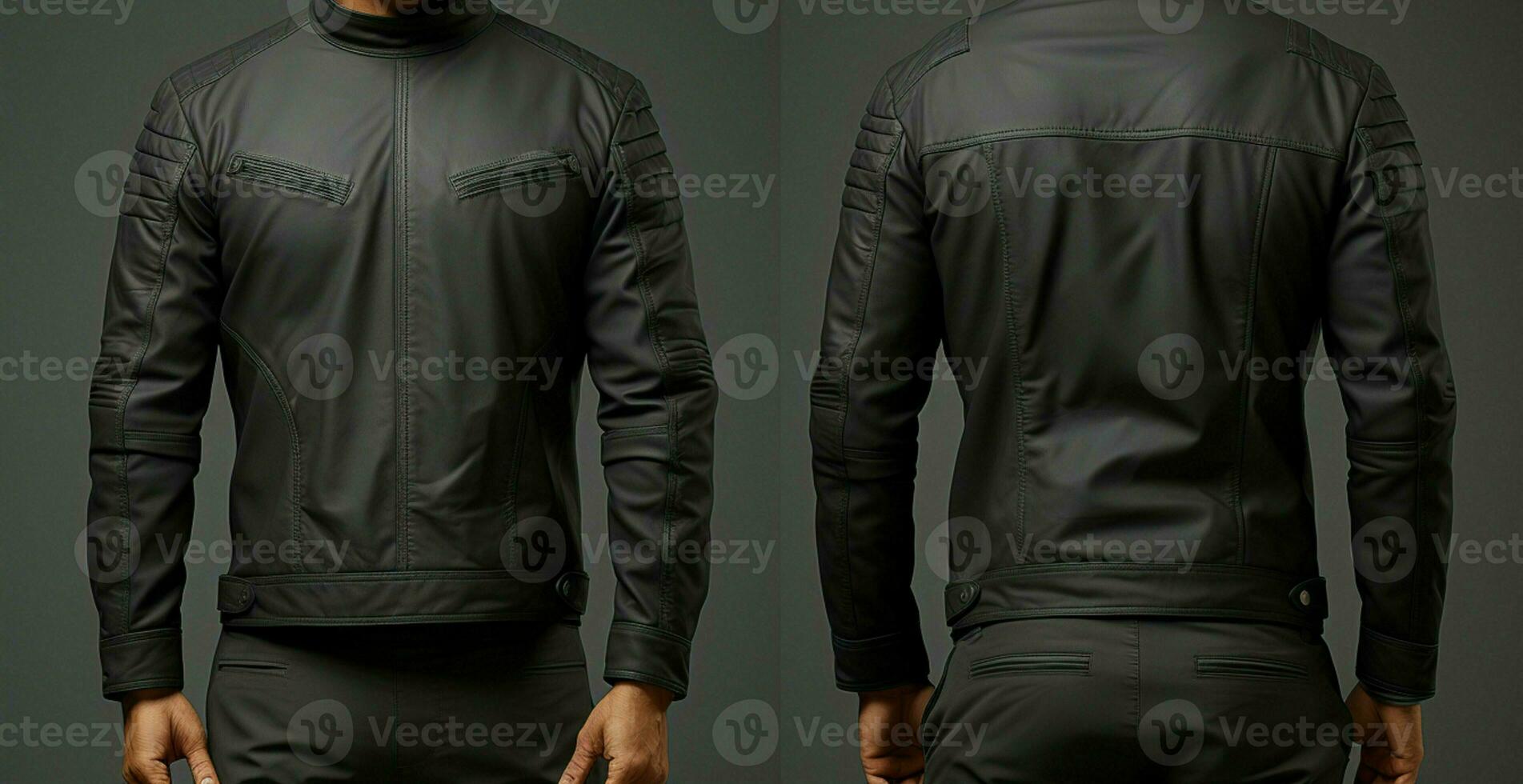Blank leather jacket mock up, front, and back view, isolated on grey Asian male model wear plain black long sleeved leather jacket mockup AI Generated photo