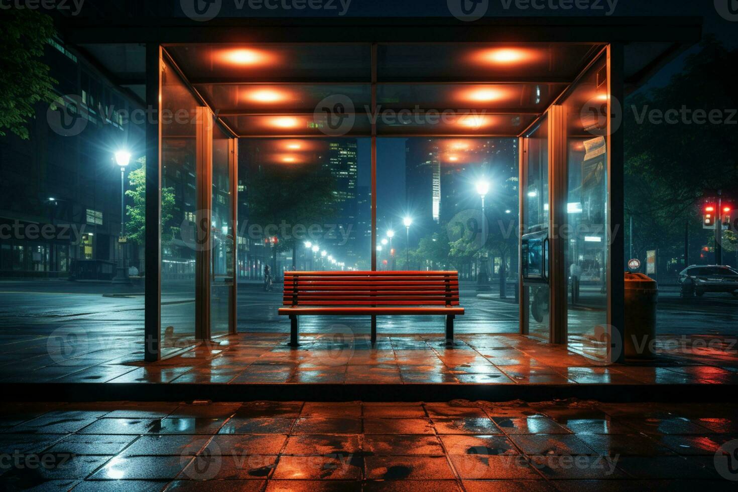 vacío ligero caja, noche autobús estación, ciudad calle antecedentes ai generado foto