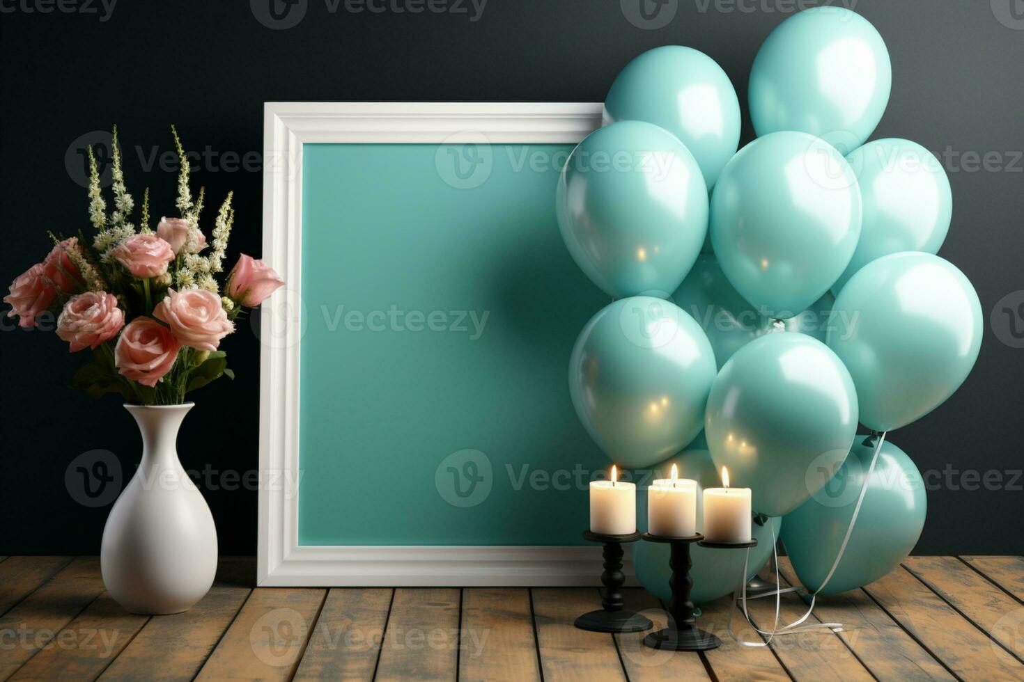 Festive mockup, colorful balloons, white frame, blue wooden table AI Generated photo