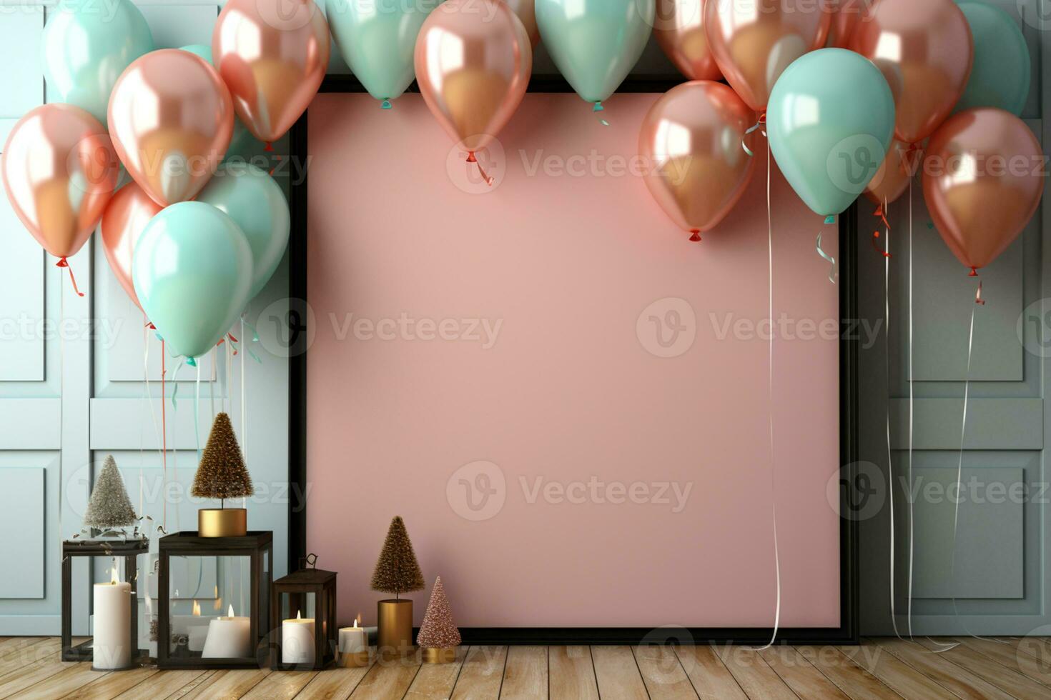 Celebratory mockup, pastel balloons, frame, confetti, flat lay AI Generated photo