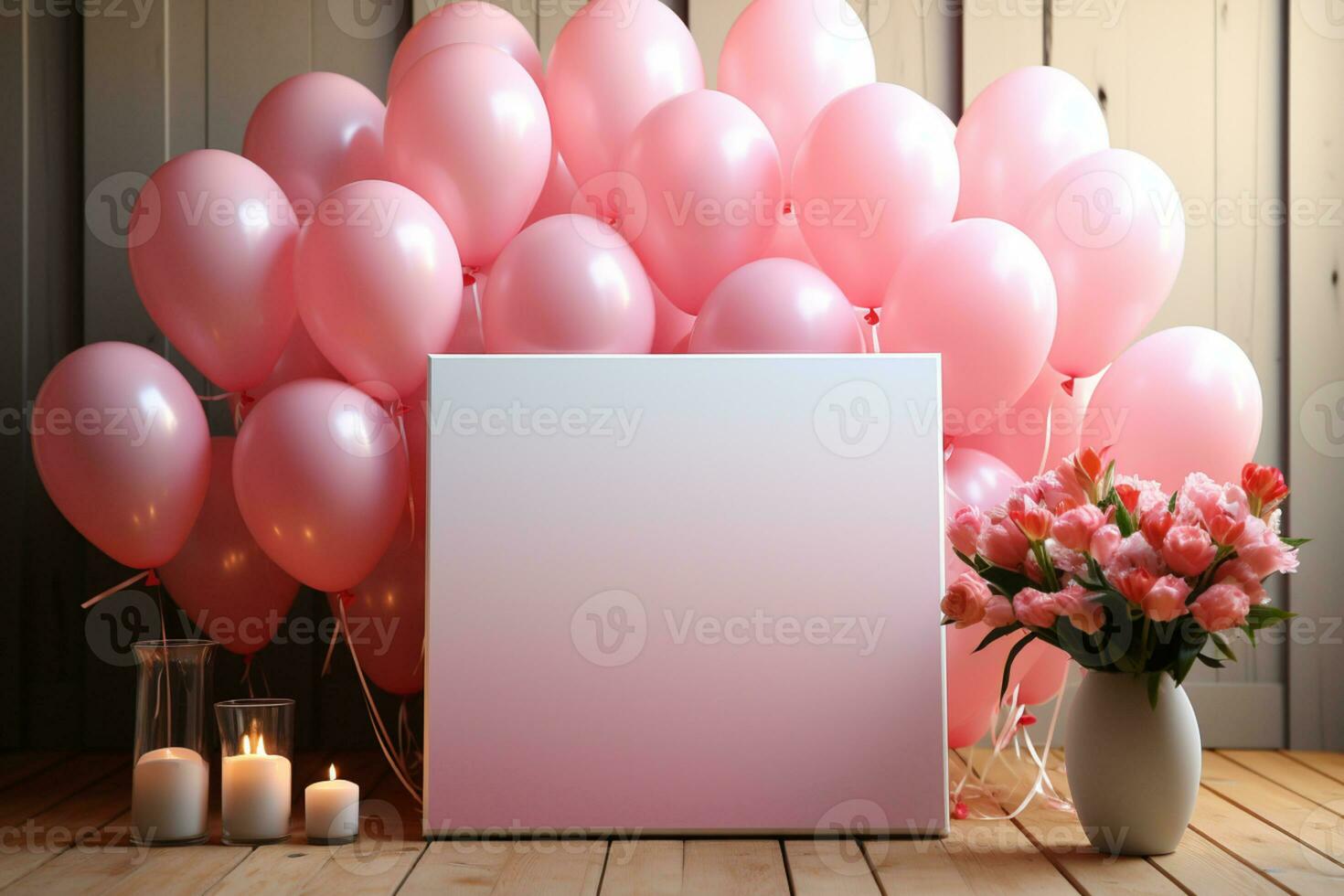 Birthday celebration mockup, pastel balloons, frame, pink table AI Generated photo