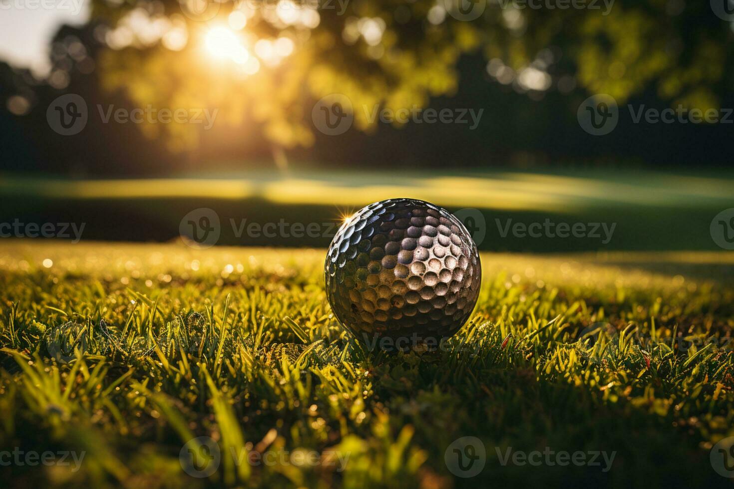 sereno atardecer, golf club, y pelota en lozano verde ai generado foto